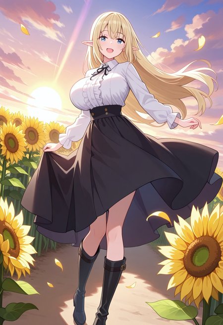 masterpiece,best quality, very aesthetic,8K resolution, dreamlike, ethereal glow, fantasy art,Highly detailed, cinematic lighting, 

1girl,,open mouth,dynamic angle,looking at viewer, ar1a, blonde hair, long hair, pointy ears, elf, blue eyes, large breasts,collared shirt, long sleeves, black ribbon, black skirt, long skirt, black footwear, knee boots, (girl dancing joyfully in a vast sunflower field at sunset:1.2), soft flowing fabric, and intricate embroidery, exuding an air of grace and refinement. As she twirls gracefully, the hem of her dress billows beautifully in the evening breeze. Her radiant smile shines under the warm golden light of the setting sun. The sunflowers around her are about the same height as her, swaying gently in the wind, their golden petals glowing warmly. The sun's rays pierce through the gaps in the clouds, casting a magical golden light across the scene. The sky is painted in breathtaking hues of orange, pink, and purple, blending seamlessly into a dreamlike atmosphere. The sunflowers are incredibly detailed, with rich golden petals, deep brown centers, and lush green leaves. Some sunflowers lean slightly towards the sun.