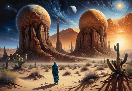 masterpiece, top quality, best quality, highly detailed, realistic photo,
A painting exploring the aridness of the desert and the mystery of cosmic wonders. 
Using airbrushing for art, often for smooth gradients, 
<lora:RMSDXL_Enhance:0.8>
<lora:Surreal Harmony:1>
<lora:Unsettling_2.0-000002:1>