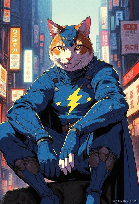 A portrait of a white and orange cat wearing a blue super hero outfit with a super hero mask. A lightning bolt symbol on his chest.  sitting on a tokyo street. 
Cinematic lighting, volumetric lighting, 8k quality