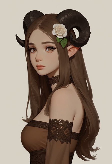 1girl, horns, solo, long hair, pointy ears, looking at viewer, brown hair, bare shoulders, , upper body, sheep horns, lips, light brown eyes, dress, choker, curled horns, straight hair, breasts, hair ornament, detached sleeves, closed mouth, brown dress, nose, from side, , expressionless, brown hair, flower, eyelashes, , see-through, hazel eyes, looking to the side, strapless dress, demon girl, color eyelashes 
 <lora:RI--Mixmain:1>, zPDXL3, detailxl,