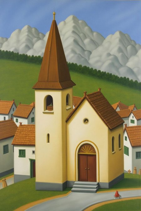 fernandobotero1 painting.
A village scene featuring a small church with a tall, pointed steeple, situated on a gentle slope. There is a mountain range in the background. <lora:fernandobotero1_cap_d6a3e7:1.0><lora:840234945004893297:0>