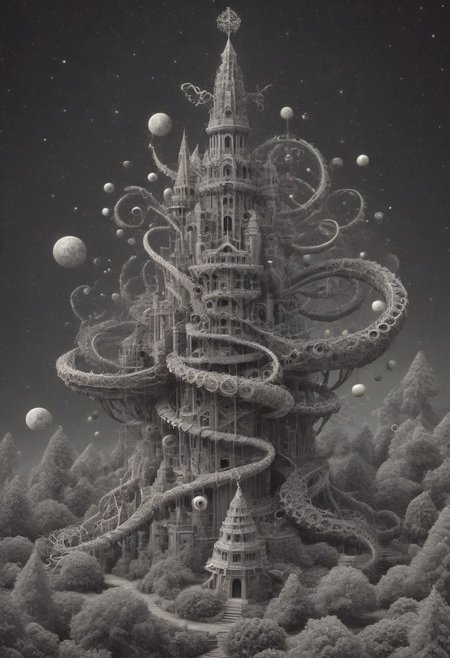 an intricate tower, mythical serpent wrapped around tower, (negative space, layer, sigils). orbs and moons, forging cluster astral keys, tetrahedral trees, (three planes), OverallDetail