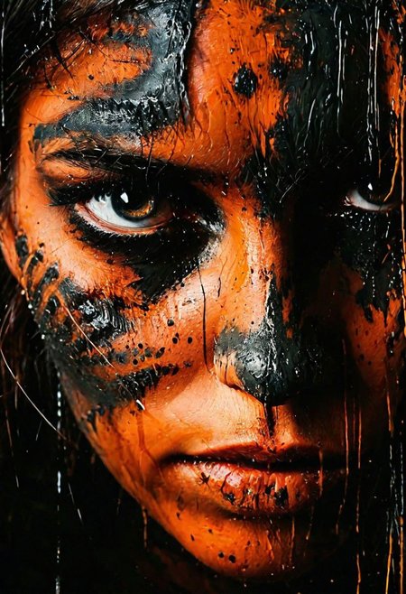impactful paint of a viking woman, face closeup, mud on face, fierce look, highly detailed, 8k, sharp, professional, clear, high contrast, high saturated, , vivid deep blacks, crystal clear