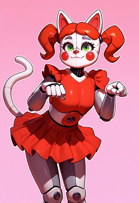 masterpiece, best quality, amazing quality, very aesthetic, absurdres, newest, detailed background, foreground blur, (( cinematic )),
circbb, twintails, robot, 1girl, red cheeks, , joints, skirt, red nose, green eyes, solo
pure pink background, smile, cat pose, cat ears, :3, cat tail, simple pink background,