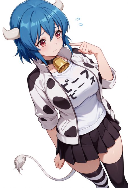 Smooth Quality,masterpiece,very intricate, high quality details, ultra realistic, high detailed skin,detailed enviorement,absurdres,
pointing at self,
 <lora:Minos_CNR:0.8> minos_cnr,  1girl, blue hair, short hair, bangs,red eyes, cow girl, cow horns, cow tail, large breasts,minos_def_cnr,cow print,black skirt, pleated skirt, white jacket, collar, striped thighhigh, (black thighhigh:1.1),cowbell, open jacket, white shirt, asymmetrical legwear,, worried,, simple background, white background, dynamic angle,solo,