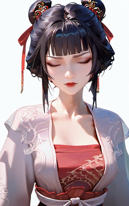 score_9,score_8_up,score_7_up,
<lora:zhiguiPony-000002:1>,
zhigui,1girl,solo,black hair,closed eyes,bangs,blunt bangs,realistic,hair ornament,closed mouth,makeup,chinese clothes,upper body,portrait,red lips,collarbone,see-through,black_background,<lora:v6:0.9>,