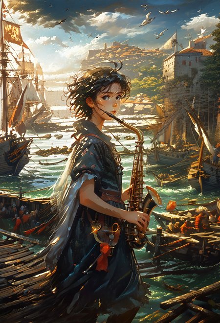 safe_pos, <lora:paulbril_pony_v1:0.9> by bril paul in, marina \(genre\),baroque \(style\), score_9, score_8_up, score_7_up, score_6_up, source_anime, <lora:Worldly_XL:1> Port1660mb, outdoors, ocean, sailing ship, pier, ship, watercraft, Bird, 1girl, sitting, wooden dock, wooden wharf, instrument, solo, solo focused, Kikuchi Makoto sitting on the edge of dock playing saxophone, playing instrument, <lora:Sheeps_Saxophone:0.8> SH_S4X, <lora:KikuchiMakoto_pony_v1:0.9> (kkcmkt, cowboy shot, 3/4 shot:2), short hair, black hair, antenna hair, hair between eyes, black eyes, flat chest, small breasts, historical male suit, cloak, boots, feathered hat, <lora:loraeyesxl:0.4>
