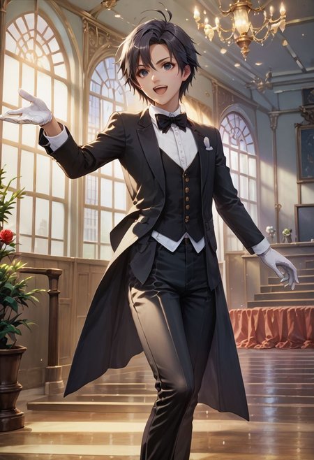 score_9,score_8_up,score_7_up,score_6_up,source_anime, <lora:Worldly_XL:1> (interior, skylight, rooflight:1.8), (concert background:1.3)
1girl, solo, full figure, standing, dynamic pose, singing, dancing, <lora:KikuchiMakoto_pony_v1:0.9> kikuchi makoto, kkcmkt, short hair, black hair, antenna hair, hair between eyes, black eyes, flat chest, small breasts,  (long legs:1.2), (tuxedo, long trousers:2), black shoes, delicate strappy heels, white gloves <lora:StS_detail_slider_v1:1>
zPDXL, zPDXL-neg