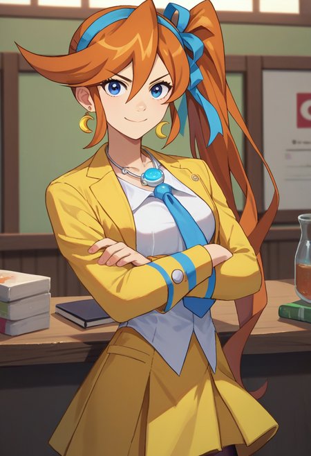 score_9, score_8_up, score_7_up, source_anime, solo, 1girl, athena cykes, smile, looking at viewer, crossed arms, side ponytail, hair ribbon, v-shaped eyebrows, yellow jacket, white shirt, blue necktie, yellow skirt, black pantyhose, jewelry, necklace, crescent earrings, indoors <lora:aa_athenacykes_ponyXL:1>