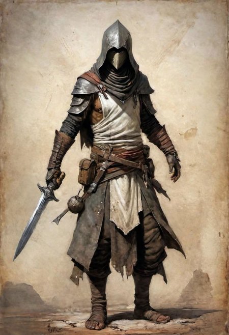 videogame art of (beggar clothes, human thief brigand, holding a iron rusty dagger,  wearing leather tunic, metal and cloth shaped helmet, sewn together), by Jean-Baptiste Monge and Nicola Samori, assassins' creed clothes