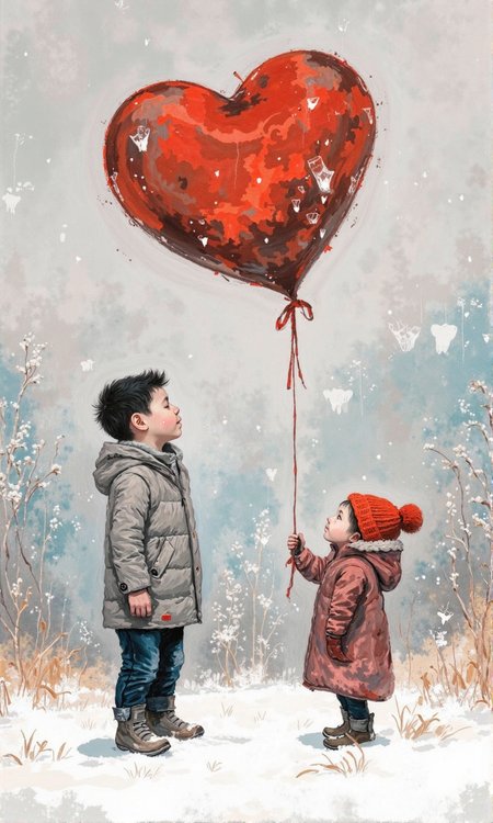 Full outdoor shot of a whimsical illustration. 
A boy, rendered in shades of gray and black, stands on a snowy landscape. He is dressed in a winter coat and pants, and is gazing upward. 
A girl, wearing a red winter coat and a red knit hat with a pom-pom, is seen holding a string that connects to a large, heart-shaped, red balloon. The balloon appears somewhat distressed and mottled, with darker red areas and areas of light red. 
The scenery is wintry, with scattered snow or rain falling; the overall palette of the background is a mix of grays, blues, and hints of white. 
The drawing style suggests a mixed media approach, possibly incorporating watercolor and pencil sketching techniques, which is apparent in the varied textures and gradients in the image. The atmospheric perspective, created by the fading tones in the background, contributes to the sense of depth. The composition is a juxtaposition of the grayscale figure of the boy and the vibrant colors of the balloon and girl, highlighting the contrast of a traditional wintry scene with an unusual heart-shaped balloon., <lora:FLUX-daubrez-DB4RZ-v2:0.9> DB4RZ, DB4RZ style painting, <lora:ImpurePores:0.85> xlr_skin,