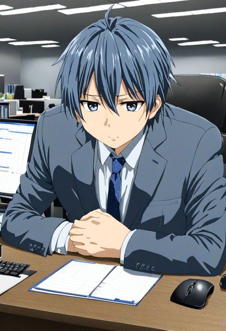 high resolution, solo, best quality, 1Boy, Tomoya Okazaki, Grey Blue Hair, suit, worklife, workspace, OverallDetail