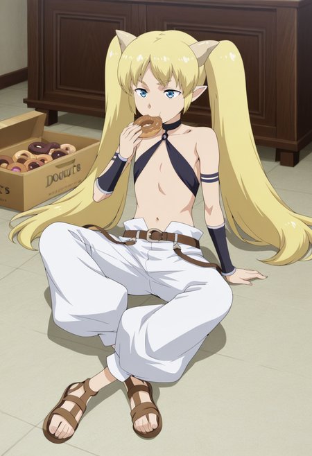 classroom for heroes style, Cu chulainn, 1girl, solo, long hair, blonde hair, twintails, blue eyes, flat chest, horns, pointy ears, choker, thin top, black bracers, white pants, brown sandals, crossed legs, on floor, eating donuts
BREAK
inside bedroom, donut box
BREAK
<lora:Classroom_for_Heroes_character_pack_Illustrious:1>