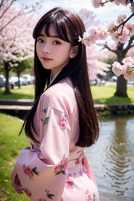 landscape,(8k),best quality, (photorealistic,realistic:1.2), soft focus, cherry blossom, detailed backgroung is mount fuji, 
1girl, solo, detailed face, pale skin, standing,black hair,(hair ornament:1.35), (looking at viewer:1.5), short hair, black eyes, bangs, pink lips, detailed  kimono,  <lora:taiwanDollLikeness_v10:0.3>, <lora:anotherpureface_v10:0.2>