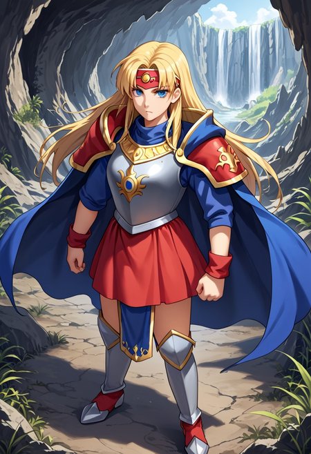 score_9,score_8_up,score_7_up,source_anime,5_figner,2d_animation,game cg,BREAK,1girl,solo,Sonya,blonde hair,long hair,blue eyes,blue cape,armor,headband,shoulder pads,breastplate,shoulder armor,shoulder armor,pauldrons,red skirt,knee boots,
front view,standing,looking at viewer,serious,
Watergate,Cave,indoor,
masterpiece,best qualit,ultra-detailed,illustration,an extremely delicate and beautiful,beautiful detailed eyes,unity 8k wallpaper,high resolution,anime CG,official_art,