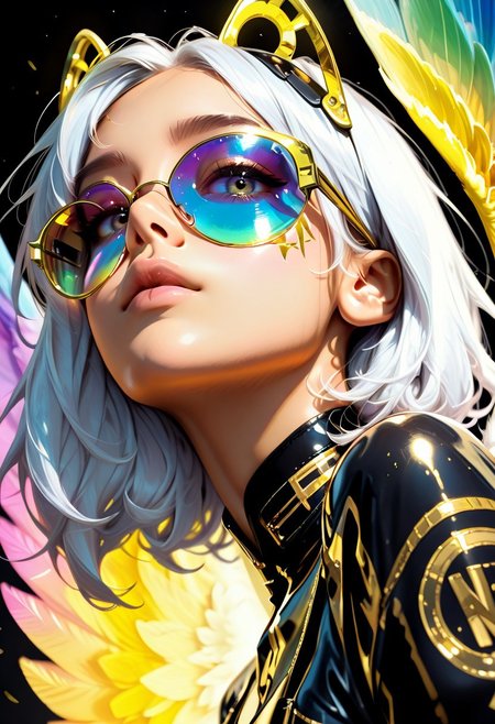 masterpiece, best quality, good quality, very aesthetic, absurdres, newest, 8K, depth of field, focused subject,
 close up, stylized, in gold and neon shades, wabi sabi, 1girl, rainbow angel wings,  looking at viewer, dynamic angle, from below, from side, relaxing