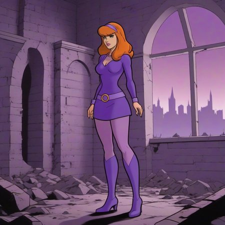 Dystopian style a full body daphne blake dressed purple, haunted house  <lora:DaphneBlake1024:0.8> . Bleak, post-apocalyptic, somber, dramatic, highly detailed