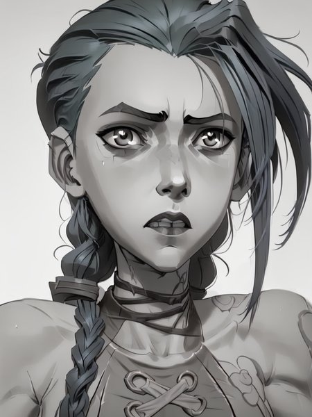 score_9, score_8_up, score_7_up,  score_6_up, BREAK, Sk3tch, sketch, monochrome, <lora:Sketch:1> 1girl, j1nx, blue hair, chocker, long twin pigtails, tattoo <lora:JinxPDXL:1>