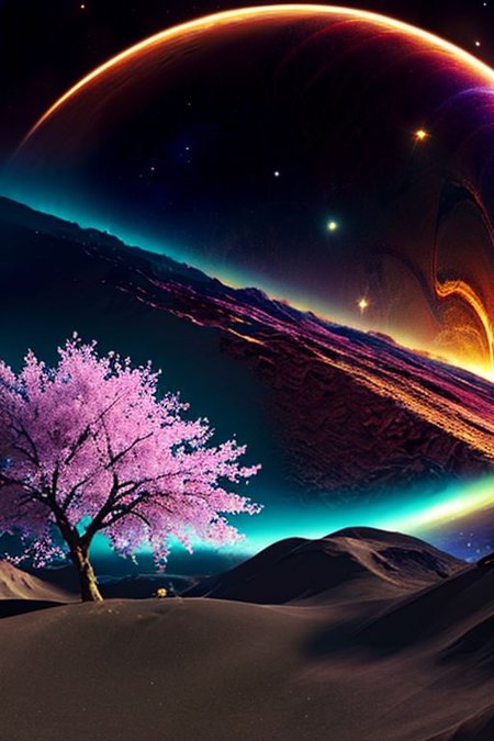Planet surface landscape, background mountains, glowing, plants, sci-fi, fantasy, space art, galaxy background, tree on planet, cherry blossoms, sakura flowers, shooting stars, dynamic angles, intricate details, film grain, accent lighting, soft volumetric light, shallow depth of field , cinematography, realistic, SyFyEye1.
3D