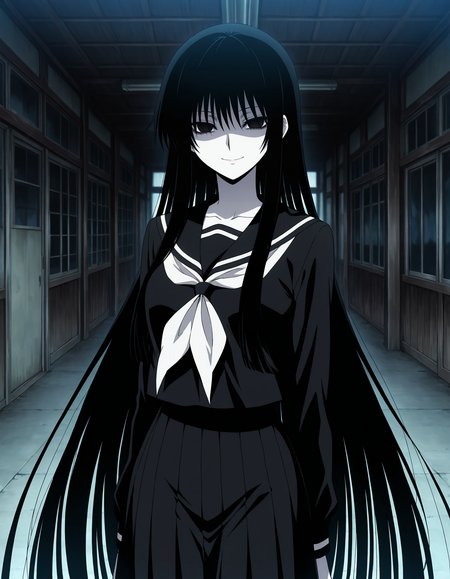 hagoromogitsune,solo,monochorome girl,black eyes,shaded facee,empty eyes,black hair,pale skin, white skin,very long hair,1girl,looking at viewer,smile,school uniform,black serafuku,
,masterpiece,best quality,amazing quality, <lora:hagoromogitsune-ILXL:0.8>  , anime screencap,