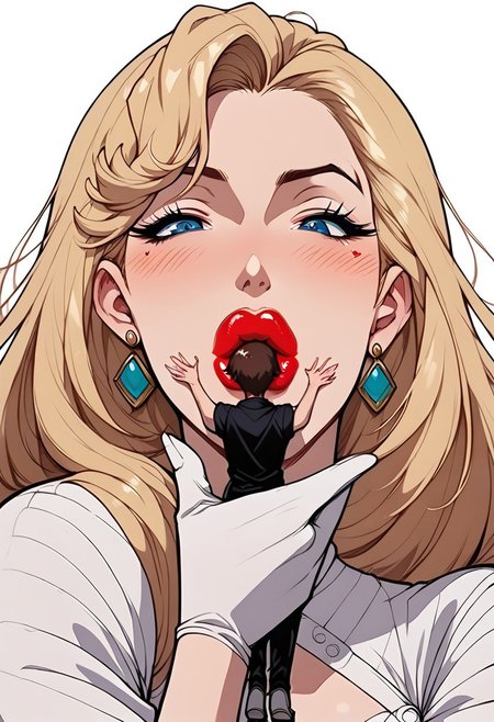 ((5 perfect fingers)),score_9, score_8_up, score_7_up, score_6_up, score_5_up, score_4_up,intricate detail, high res, 2d, comic drawing style, black,  outlines,pokemon_(anime),Asian-Less2-Neg,
Giantess Kiss, 1girl (helga, lipstick, makeup, plump lips, latex gloves), Giant female, 1boy, miniature male, size difference, full-face kiss from giantess to miniature man, imminent kiss, female holding male with one hand, MALE FULL FACE PRESSED AGAINST LIPS, FEMALE KISSING FULL FACE, male face pressed into and facing lips, female sucking male face