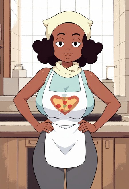 score_9, 1girl, Solo, Kiki_SU, brown skin, black eyes, dark brown hair, curly hair, beige scarf on head, black eyebrown, light cyan shirt, dark gray leggings, white apron, black shoes, looking at viewer, smile, half-closed eyes, huge breasts, long breasts, cowboy shot, indoors, hands on hips, retro artstyle, medium stature