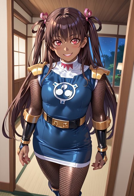 score_9, score_8_up, score_7_up, BREAK,
1girl, solo, defYuki, tan, dark-skinned female, brown hair, red eyes, two side up, long hair, sentaikageblue, shiny clothes, spandex, silver bodysuit, fishnet bodysuit, bodysuit under clothes, black dress, shoulder pads, black belt, black gloves, boots, boots, blush, small smile, looking at viewer, indoors, tatami, sliding door, room, night,