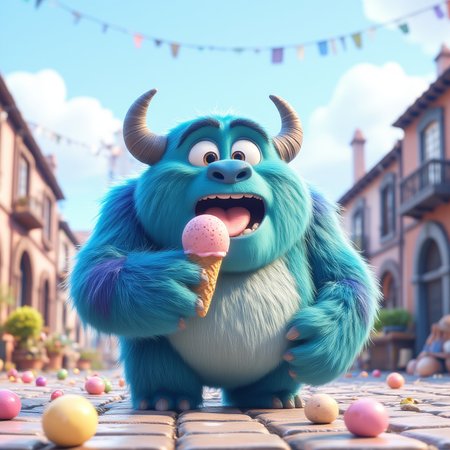 a cute 3d blue very furry monster in a bubble gum factory licking a pink ice cream. high contrast, vivid colors,<lora:Flux_Pixar:1> egpixar, <lora:Cute_3d_Cartoon_Flux:0.5>