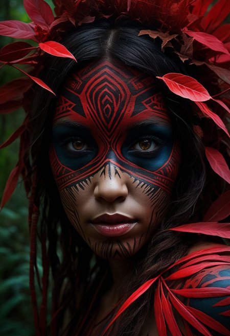mysterious silhouette of a tribal woman, jungle, (red warpaint over eyes only), goddess, alluring, by Minjae Lee, Carne Griffiths, Emily Kell, Steve McCurry, Geoffroy Thoorens, Aaron Horkey, Jordan Grimmer, Greg Rutkowski, amazing depth, double exposure, surreal, geometric patterns, intricately detailed, bokeh,  perfect balanced, deep fine borders, artistic photorealism , smooth,  great masterwork by head of prompt engineering   <lora:add-detail-xl:2>  <lora:Double_Exposure:0.5>