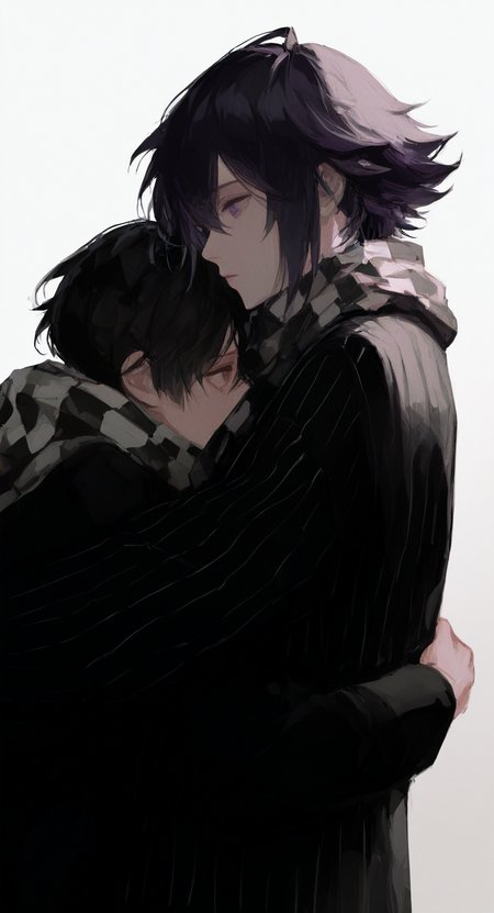 masterpiece, best quality, good quality, very aesthetic, absurdres, newest, 2boys, ahoge, black hair, black jacket, brown eyes, checkered clothes, checkered scarf, expressionless, flipped hair, from side, grey background, hair between eyes, hug, jacket, long sleeves, male focus, muted color, open mouth, pinstripe jacket, pinstripe pattern, profile, purple eyes, purple hair, sad, scarf, shadow, short hair, sidelighting, simple background, striped clothes, striped jacket, two-tone scarf, upper body, vertical-striped sleeves, white background, <lora:ponyv5_noobV065S_1_adamW-000013:0.7> <lora:ATNR_STYLE_XL_P-000016:0.7> <lora:96YOTTEA-WAI:0.7>
