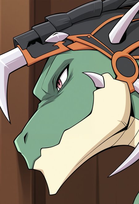 masterpiece,best quality,amazing quality, 1boy, solo, 4l1, reptile boy, green skin, black hair, black horned helmet, close up, side angle, 