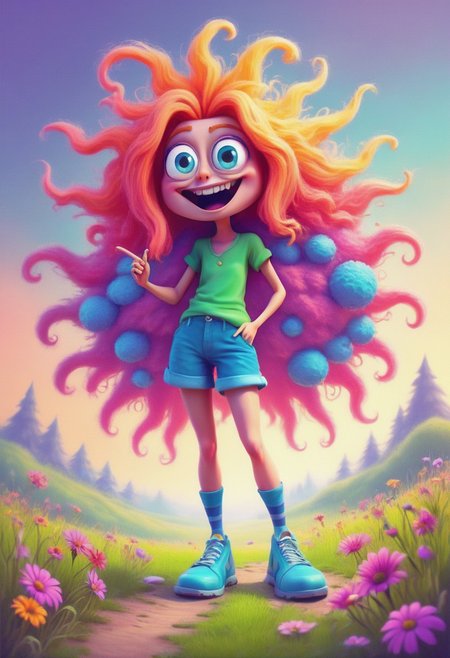 a funny hairy shaggy long-legged creature with huge eyes, a long bubbly nose, short legs and very long colorful nails (pstlCE_style,  Jedtoon,cartoon)