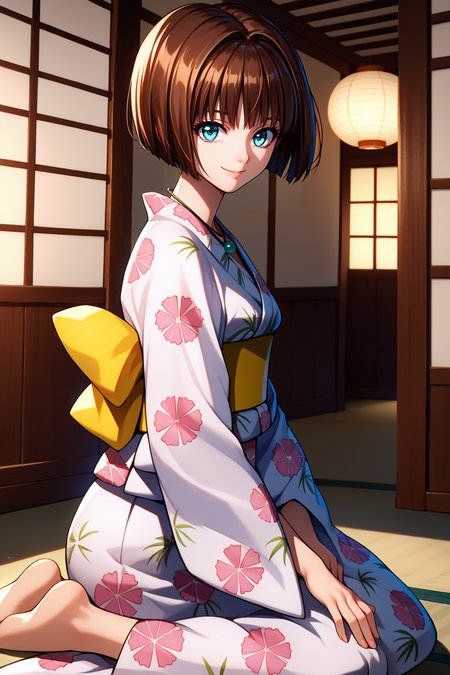 score_9, score_8_up, score_7_up, score_6_up, source_anime, 1girl, solo,  <lora:minatsukisaya-pdxl-nvwls-v1-000004:1> s4ya, brown hair, bob cut, blue eyes, necklace, yukata, yellow sash, floral print, looking at viewer, kneeling, sitting, indoors, japanese architecture, looking at viewer, smile