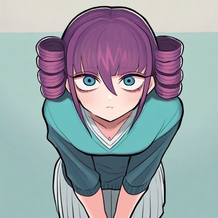 <lora:GashiStyle-ILL:1> gashigashi
BREAK
 1boy, solo, long hair , purple hair, cyan eyes, aqua outfit, Shag hairstyle, V-Neck Jumper and Pleated Skirt,  Hands on a surface, leaning forward, Contentment
 <lora:Best_Facial_Expression_Helper_XTREME_ILLU:1> kaogei