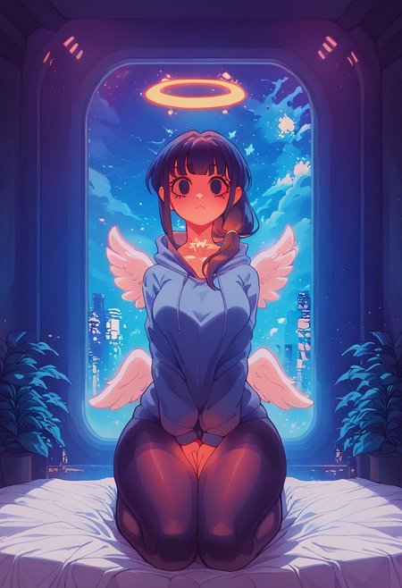 score_9,score_8_up,score_7_up,score_6_up, 1girl, 
 sitting in bed next to a large window, hands between thighs, wearing croptop hoodie, black croptop hoodie, long hair, black hair, blue strip in hair low ponytail hairstyle, angel, angelic girl, white wings, halo, glowing halo, black eyes, <lora:DetailedEyes_V3:1> <lora:add_detail:1>, pov from the side, sitting on the bed, hoodie, plants on the windowsill, looking out the window, looking away from viewer, background through window is vast space, galaxy background, wearing tights, leggings, black tights, thighs, night time, cyberpunk city view out of the window, neon light, purple neon lights, raining outside, heaving rain outside, girl is dry, no rain inside