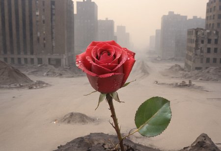a beautiful single red rose sprouting in the middle of a deserted destroyed city covered in debris and sand, dawndrops, dawn, subtle sunlight, fog, nature, realism, hyperrealism, fine details, uncanny, lynch style <lora:lynchstyle_v0.0.3:1.5>
