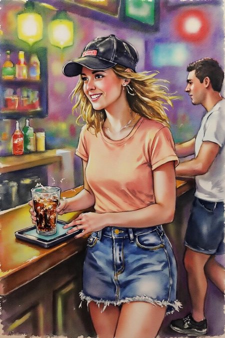Watercolor.
The air buzzes with the energy of a busy bar, a mix of music, conversation, and the clinking of glasses. A barmaid, the embodiment of youthful vibrancy, navigates the lively scene. She wears a peach-coloured T-shirt, the soft fabric contrasting with the smooth, cold glass of coke she carries on a small tablet. Her short skirt adds a playful touch, and a backwards baseball cap hints at a carefree attitude. The setting and atmosphere are palpable: the warm, slightly sticky surface of the bar counter under her fingertips, the dim, colourful lighting that casts playful shadows. Sensory details are abundant: the condensation forming on the glass of coke, the texture of her denim skirt, and the way the bar lights catch the highlights in her hair. Her confident stride, her quick smile, and her efficient movements. Stylistically, the image draws inspiration from the vibrant, candid shots of nightlife photographers, with a touch of the stylized realism found in contemporary illustration. There's a deliberate contrast between the barmaid's youthful energy and the slightly worn, lived-in atmosphere of the bar, creating a dynamic and engaging image. <lora:watercolor1_nbm_cap_d6a3e12:1.0><lora:838836207300570253:0>