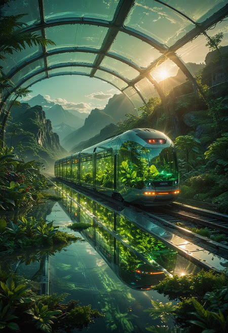 futuristic and cinematic scene, an advanced train with a sleek transparent glass exterior, traveling through a breathtaking landscape, with mountains on distant, the train's interior is filled with vibrant green plants, creating a miniature greenhouse effect, The surrounding environment is bathed in soft ethereal light filtering through gaps in the dense foliage, casting a glow on the reflective water below, the atmosphere is serene and otherworldly, combining elements of nature and futuristic technology, <lora:MJ52:0.3>, <lora:SDXLFaeTastic2400:0.3>, <lora:CinematicStyle_v1:0.8>, <lora:zavy-cntrst-sdxl:0.6>