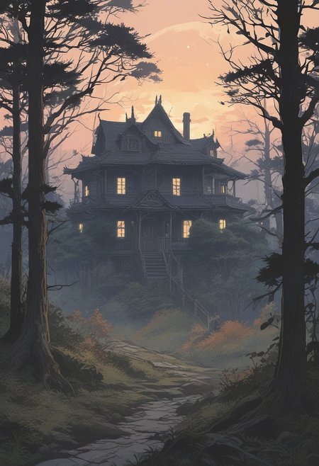 scenery, ((night, starry)), (Japanese anime style), wilderness, distant landscape, clearing in the forest, abandoned house, fog, sunset, fantasy, atmosphere of sadness, cool tone, minimum lighting, masterpiece, best quality, ultra-detailed