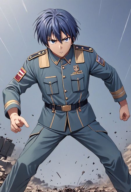 high resolution, solo, best quality, 1Boy, Tomoya Okazaki, Grey Blue Hair, military, action, OverallDetail