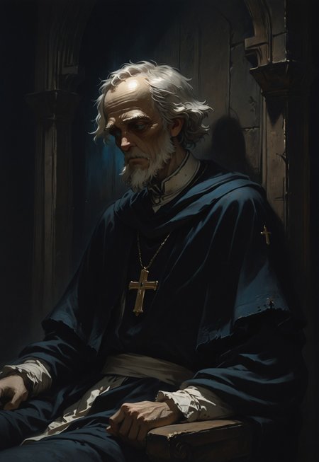 mgh2, old man, church friar, catholic, 1man, friar, capelet, black_robes, solo, cross-pendant, single_necklace, tired eyes, blue_eyes, dark background, upper body, simple background, sitting, dark, stonewall, solitude, masterfully drawn, masterpiece, amazing quality, beautifully painted, elegantly detailed, very aesthetic, classical