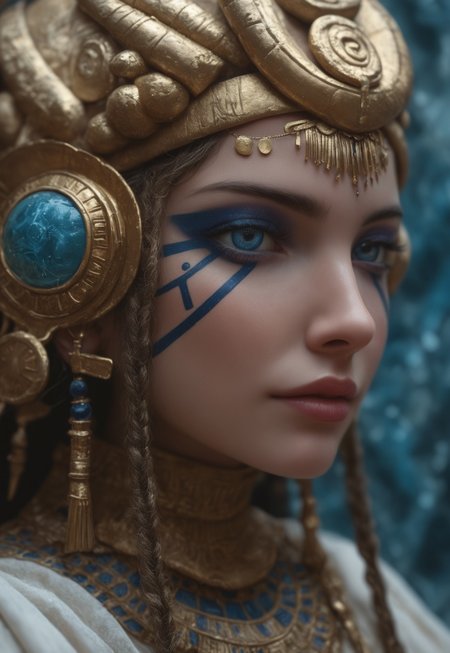 masterpiece, best quality, highly detailed, score_9, score_8_up, score_7_up, Expressiveh, 
Envision a close-up portrait of a female figure wrapped in ancient, hieroglyph-covered cloth, surrounded by a cold, polygonal blue background. The fabric is aged, with cobwebs adorning its edges, and each hieroglyph is meticulously detailed, adding layers of mystery to the figure. Only their eyes are visible, emanating an otherworldly presence that contrasts sharply with the sharp, crystalline facets of the background. The blue gradient ranges from icy whites to deep navy, giving a sense of an endless, frozen landscape. The detailed textures of the fabric and the clarity of the background facets make the scene feel tangible, as if the figure were a relic preserved within a digital prism. This fusion of ancient and modern aesthetics invokes a haunting and futuristic atmosphere, a glimpse into a world where the past is locked within an icy, geometric void.
<lora:Dynamic Poses:1> 
<lora:detailed_notrigger:1>
 (((full clothed))),