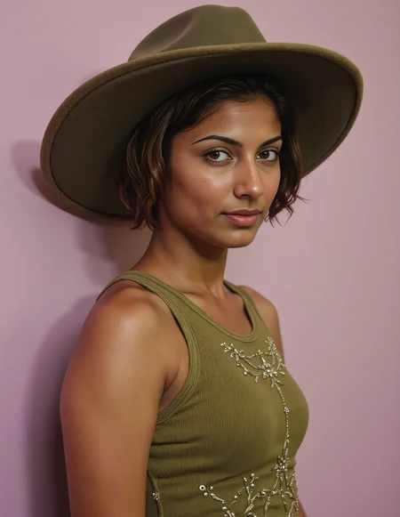 cowboy shot photo of a charming  woman with a d351 m3d1um skintone, hyper realistic photo that is safe for work, serious, studio quality image with natural colors, well dressed wearing intricate sleeveless Olive full body Gym Wear, hair styled as  bob,muted pastel shaded multicolored background that contrasts with the person, cinematic lighting,âââââ <lora:d351_m3d1um_Desi_Mocha_Flux_Kohya_V3:1>âââ