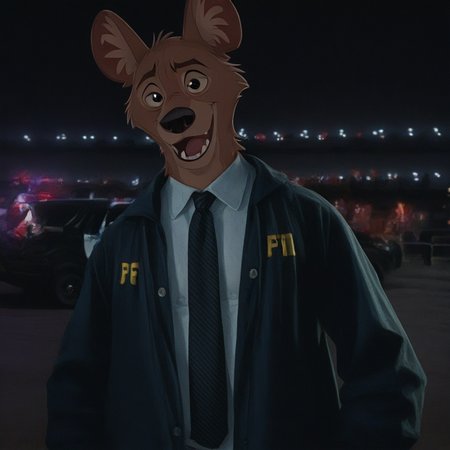 score_9, score_8_up, score_7_up, score_6_up, score_5_up, score_4_up, solo, 1 boy, FBI-Yena, Hyaenidae, Disney, Cartoon Character, Anthro Hyena, African Wild Dog, Furry Male, Tan fur, animal ears, black nose, black eyes, furry ears, real clothes, FBI Jacket, live-action clothes, laughing, headshot,