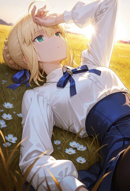 cinematic, (masterpiece), (best quality), (ultra-detailed), very aesthetic, illustration, perfect composition, ultra detailed face, detailed eyes, beautiful eyes, beautiful,748cmstyle, gbf_style, light on body BREAK very awa,masterpiece,amazing quality,very aesthetic, absurdres,newest,highres, elegance, ethereal, depth of field,cold atomsphere, warm light style, artoria pendragon (fate), saber (fate), blonde hair, green eyes, ahoge, hair ribbon, blue ribbon, french braid, braided bun, single hair bun, short hair, sidelocks, neck ribbon, blue ribbon, white shirt, collared shirt, long sleeves, blue skirt, high-waist skirt, long skirt, black pantyhose, outdoors, day, sun, lying on back, grass, lying on grass, arm up, on back, hand on own head, hand on own forehead, emotionless, close up, upper body