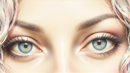 Colored Pencil Art, an extreme close up of a pair of women's eyes looking directly at the viewer, the woman is wearing no makeup, she's 18 years old
her eyes stare intensely at the viewer
she has white blonde hair and pale eyebrows, her eyes are slightly larger than normal
they have long lashes,
a (single curl of hair:1.5) can be seen falling in front of one eye
<lora:BaroqueColorful:1> inkbaroque
 <lora:fluxenhancer:0.6>, colored pencil strokes, light color, visible paper texture, colored pencil art