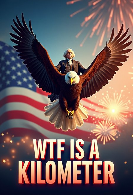 A poster featuring George Washington atop a glorious bald eagle with its wings spread flying through the sky, background is the American flag and fireworks. Huge shiny Red white and blue, bold, gradient letters at the bottom spelling out "WTF IS A KILOMETER", 4k, masterpiece,