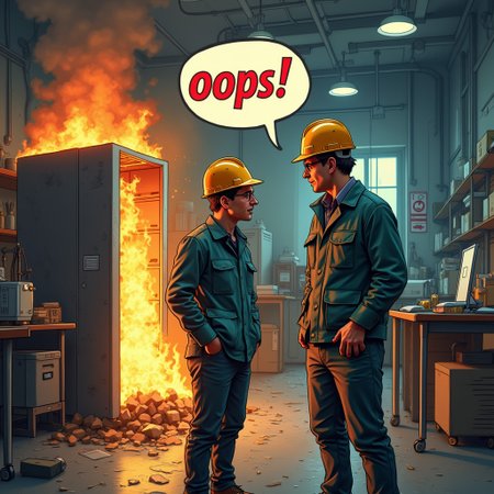 Two engineers in hardhats are sweating and burnt. They are standing next to a burning computer server in a messy unkempt laboratory. The text "oops" appears in a speech bubble