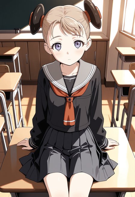 <lora:AlvisEHamiltonIL:1>, alviseh, school uniform,long sleeves,pleated skirt, serafuku,
looking at viewer, sitting on table, classroom, 
masterpiece,best quality,amazing quality,