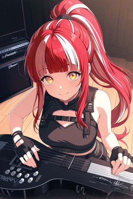 masterpiece, best quality, amazing quality,
 <lora:PAREO_IL:1> pareo, 1girl, red hair, yellow eyes, solo, long hair, multicolored hair, ponytail, looking at viewer, bangs, gloves, instrument, smile, fingerless gloves
